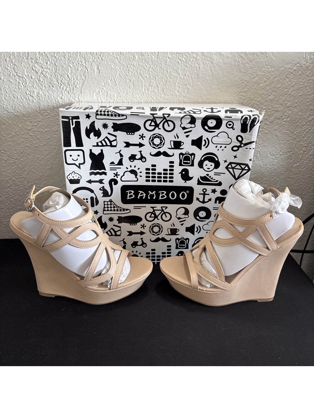 Bamboo Pompeii Nude Caged Wedge Sandals Strappy Platform Heels Open Toe Size 6.5